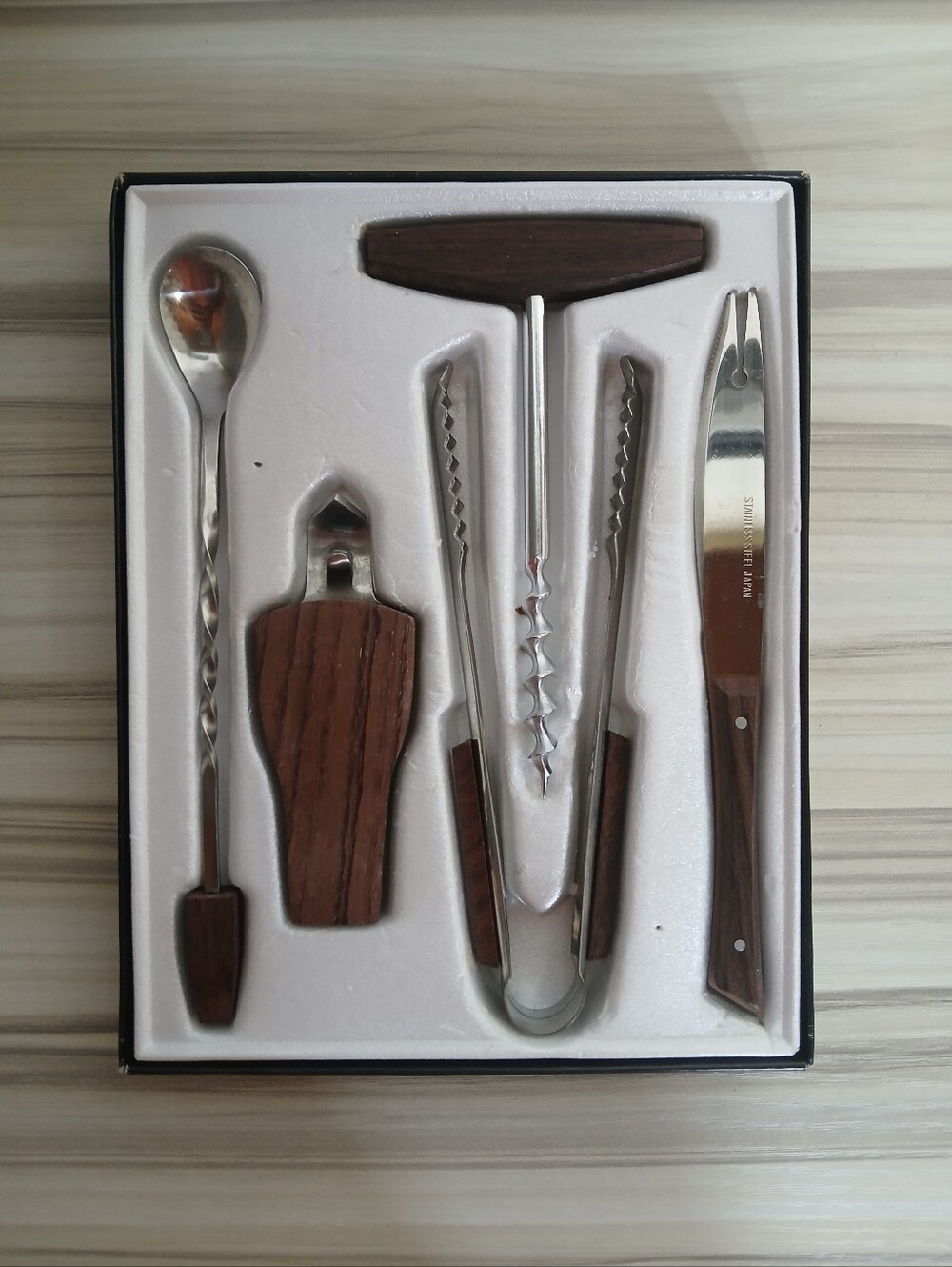 Vtg Mid-Century Modern Stainless Steel Rosewood 5 Piece Bar Set in Box Japan - Picture 4 of 9